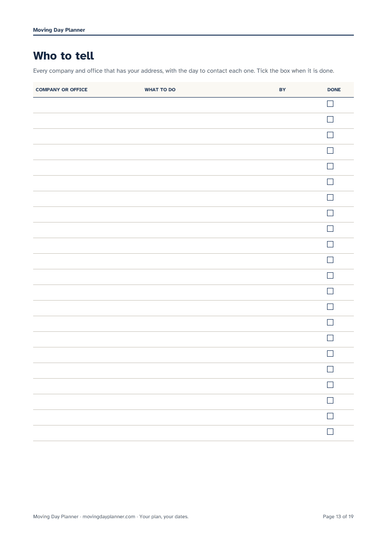 Printable binder page: who to tell