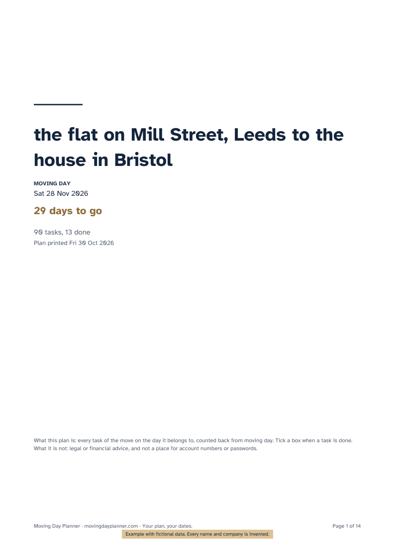 Example cover page with the moving date and the countdown