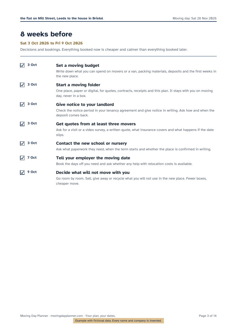 A printed page of the example plan: eight weeks before moving day